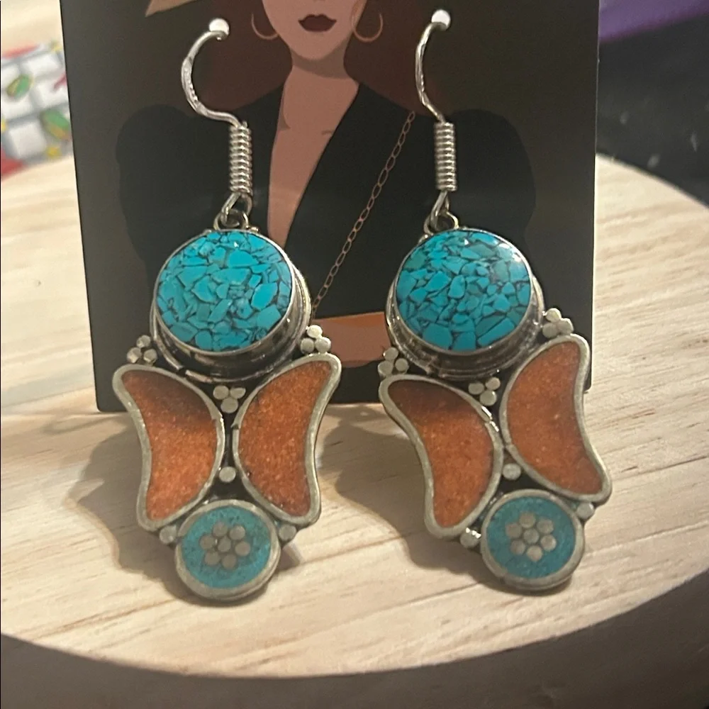 Turquoise & Coral Butterfly Earrings Tibetan Silver Long Impressive NEW